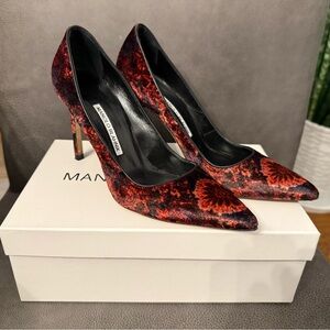 Manolo Blahnik Black Blue and Red Velvet Patterned Heels
